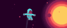 a pixel art drawing of an astronaut flying through space