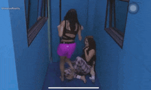two women are sitting in a room with the word universoreality on the bottom right