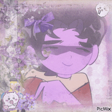 a drawing of a girl with purple hair and a purple bow on her head is surrounded by flowers and picmix icons