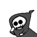 a black and white drawing of a grim reaper with a skull on his head and a hood .