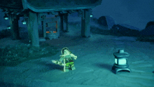 a lego figure is standing in front of a well and lantern