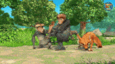 a cartoon of monkeys and a fox with the word jungle on the bottom left