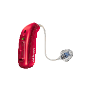 a red hearing aid that says oricon on the side