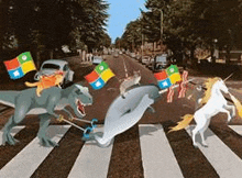 a dinosaur , a cat , a shark , and a unicorn are crossing a street on a crosswalk .