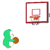 a cartoon penguin is holding a basketball in front of a basketball hoop ..