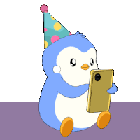 a penguin wearing a party hat is holding a cell phone surrounded by presents