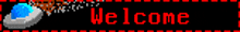 a welcome sign with a pixelated eye