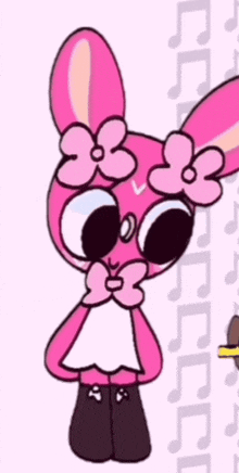 a drawing of a pink rabbit with flowers on her ears