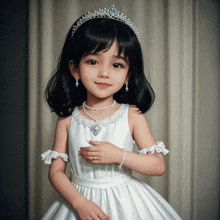 a little girl is wearing a white dress and a tiara