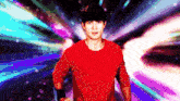 a pixel art of a man in a red shirt running
