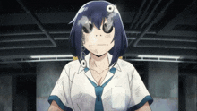 a girl in a white shirt and blue tie has a bubble coming out of her mouth