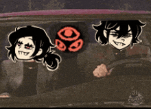 two cartoon characters are driving a car and one has a red eye