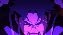 a close up of a person with glasses and a purple background
