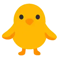 a yellow chicken with black eyes and orange feet