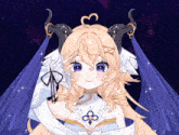 a drawing of a girl with horns and purple eyes