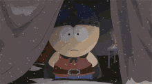 a cartoon character from south park looking out of a tent