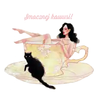 a drawing of a woman laying in a cup with a black cat