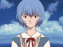 a girl with blue hair and red eyes is giving a peace sign