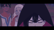 a group of anime characters are standing next to each other and one of them has a hood on