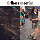 a woman is dancing in front of a girl boss meeting sign