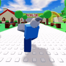 a blue roblox character is standing in front of a roblox building
