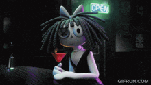 a woman is dancing in front of an open sign