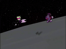 a cartoon character is flying through the air with purple and pink rays coming out of his mouth .