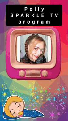 a poster for polly sparkle tv program with a picture of a woman in a pink tv