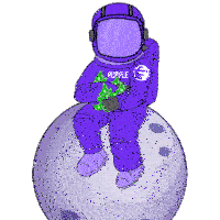 a purple astronaut sitting on the moon holding money