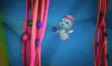 a cartoon character with pink hair and blue eyes is hanging from a colorful rope