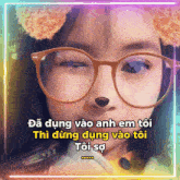 a girl wearing glasses with a dog nose and a caption in a foreign language