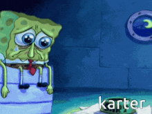 a cartoon of spongebob sitting on a box with the word karter in the corner