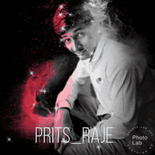 a black and white photo of a man with the name prits_raje