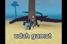 a video game character is standing next to a tree with the words udah gamut written on the bottom