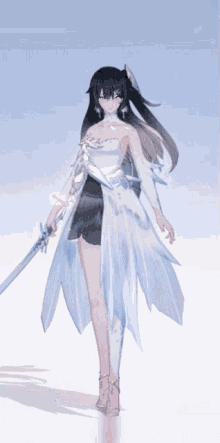a girl with long black hair and a white dress is holding a sword