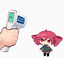 a hand holding a stupid detector next to a girl