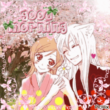 a couple of anime characters standing next to each other with the words " good morning " written above them