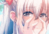 a girl with long white hair is covering her face with her hands
