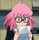 a girl with pink hair and glasses is holding a piece of paper with an i on it