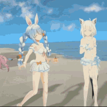 two anime girls are standing on a beach and one has blue hair