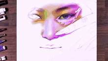 a close up of a drawing of a woman 's face with a purple eye
