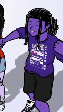 a person wearing a purple shirt with a car on it