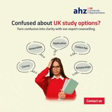 an advertisement for uk study options with a woman holding books