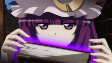 a girl with purple hair is holding a purple book