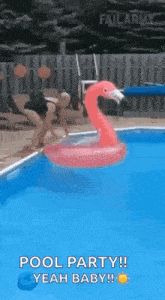 a woman is jumping into a pool with a flamingo float .