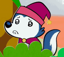 a cartoon husky wearing a pink hat and a yellow star