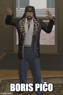 a man in a leopard print jacket stands in front of a door with the words boris pico written on the bottom
