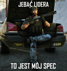 a man with a shotgun is sitting in the back of a police car with the hood open