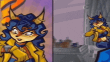 a cartoon of a cat with horns is standing next to a purple wall .