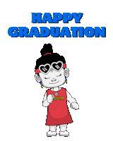 a cartoon girl wearing heart shaped sunglasses and a shirt that says ' happy graduation ' on it